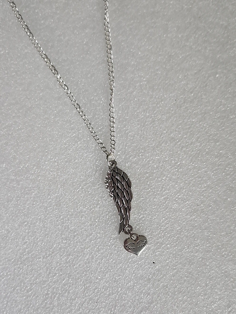Hand Crafted Silver Angel Wing Necklace with Heart Charm